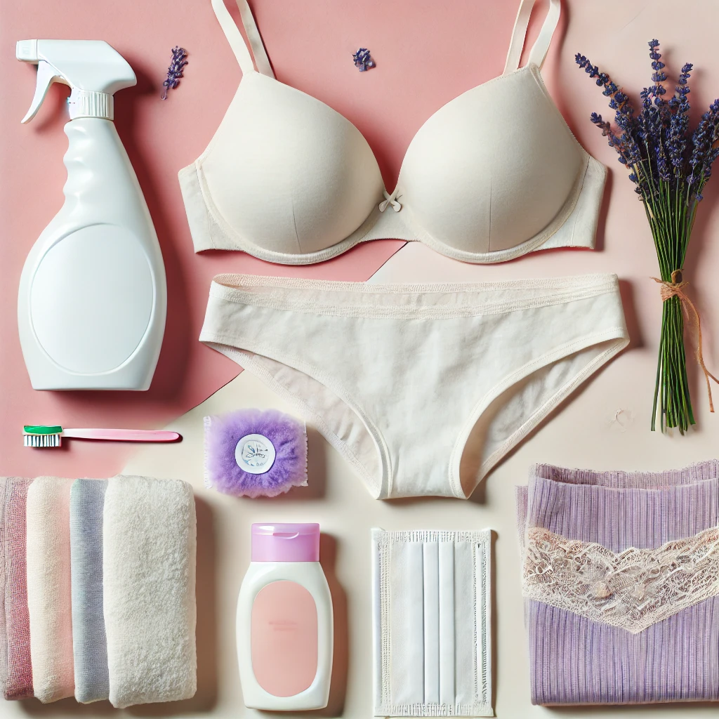 DALL·E 2025 03 14 10.48.30 A clean and neatly arranged set of underwear including cotton briefs and bras displayed on a soft pastel colored background. Include hygiene relate