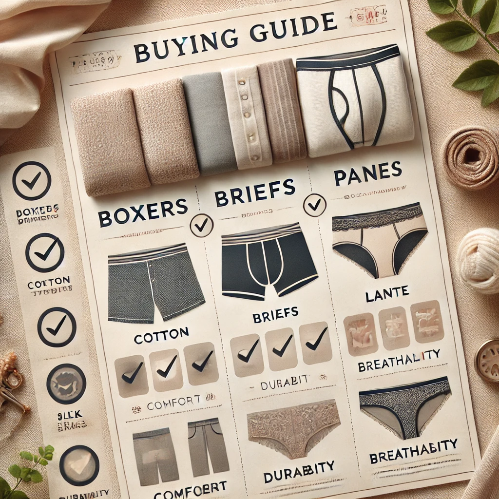 DALL·E 2025 03 14 11.14.13 An informative and visually appealing image about buying guide for underwear. The image features a stylish flat lay of different types of underwear b